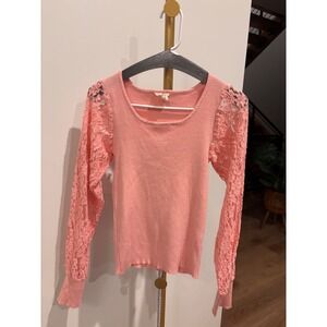 BIBI Womens Pink Ribbed Knit Top Floral Lace Long Sleeve Scoop Neck Size L